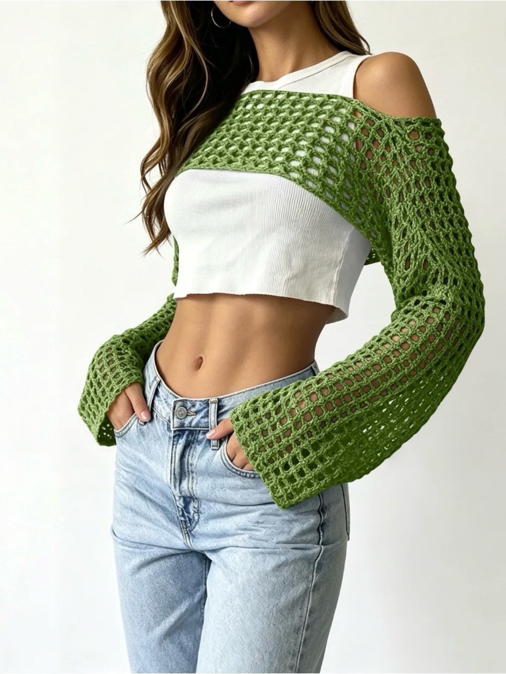 ROMWE Women’s Sweater Shrug Small Green Open Knit Crochet Long Sleeve Bolero